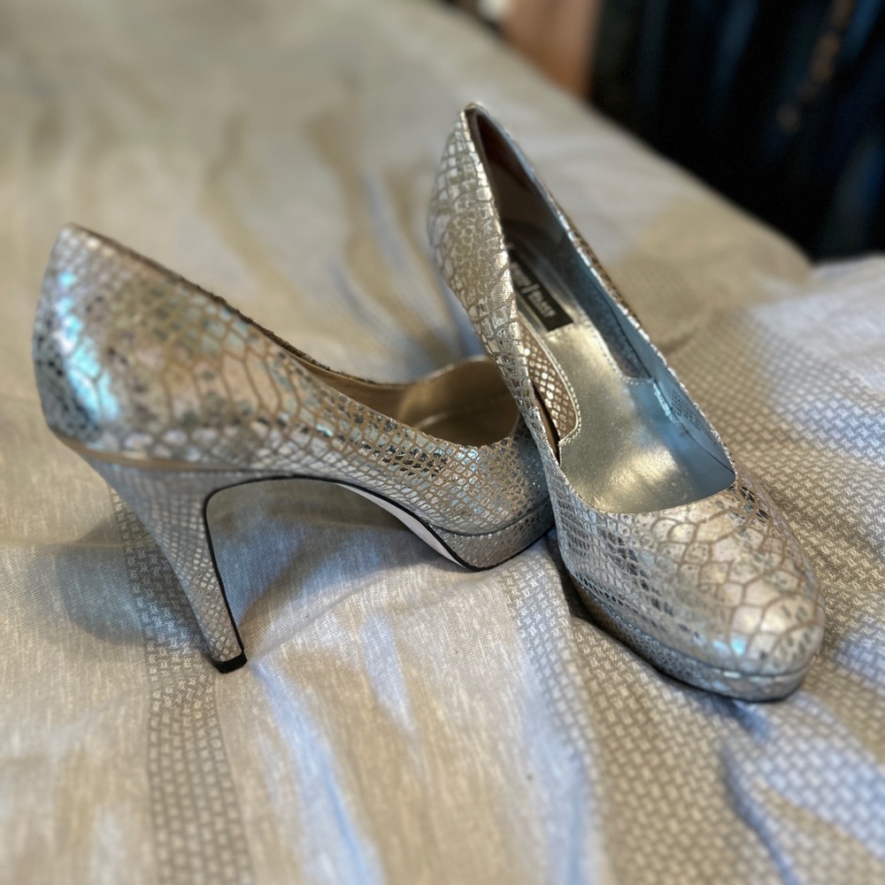 White House Black Market Metallic Animal Skin Platform Heels